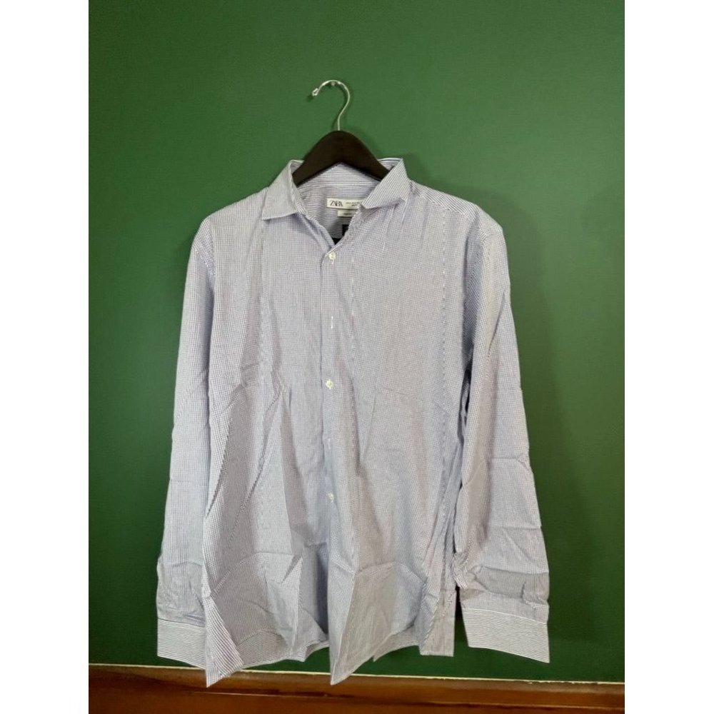 Zaba- Men's White/Blue Check Long Sleeve Button Down Shirt *Slim Fit* - Size XL